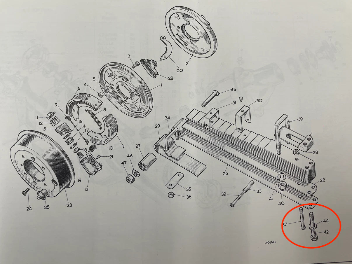 Front leaf spring bolt kit with washers (1/4-elliptic leaf spring cars) (Bugeye, Sprite Mk II and Midget Mk 1)