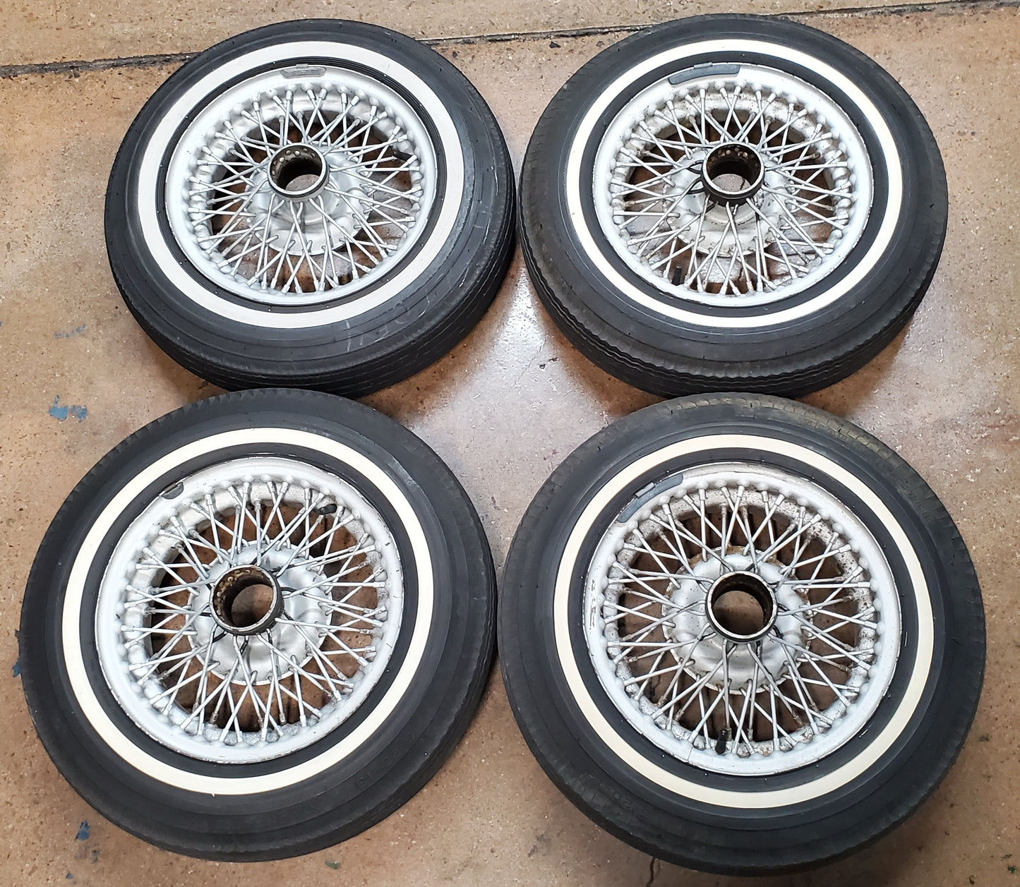 Used wire wheels with thin white stripe bias ply tires, used (set of four) - Bugeyeguys