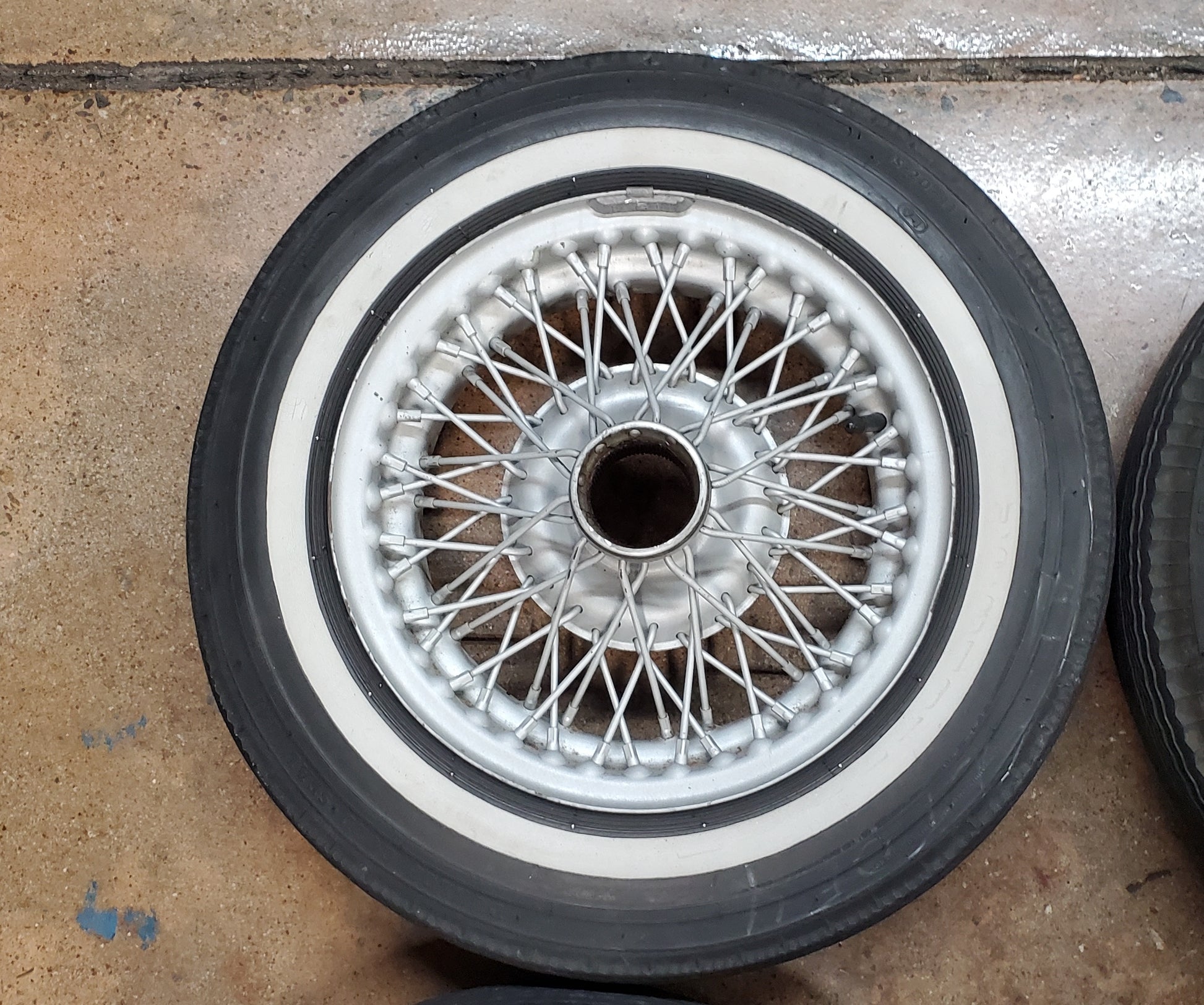 Used wire wheels with thin white stripe bias ply tires, used (set of four) - Bugeyeguys