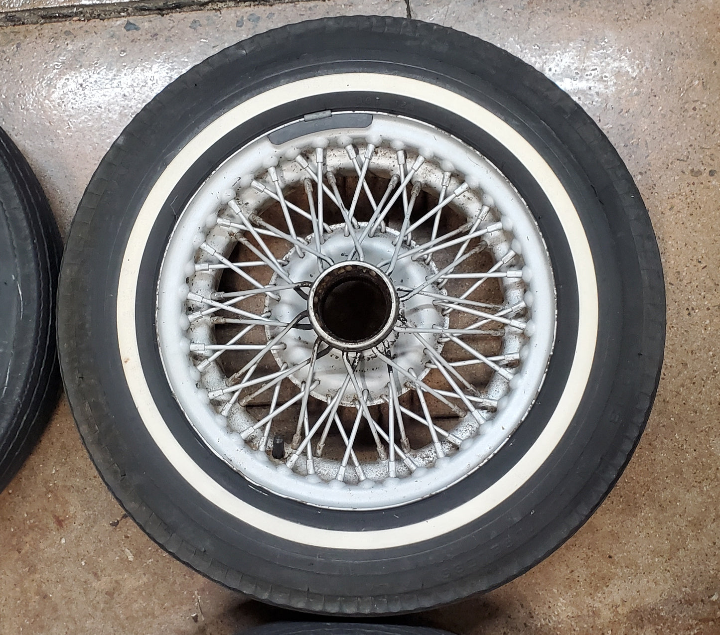 Used wire wheels with thin white stripe bias ply tires, used (set of four) - Bugeyeguys
