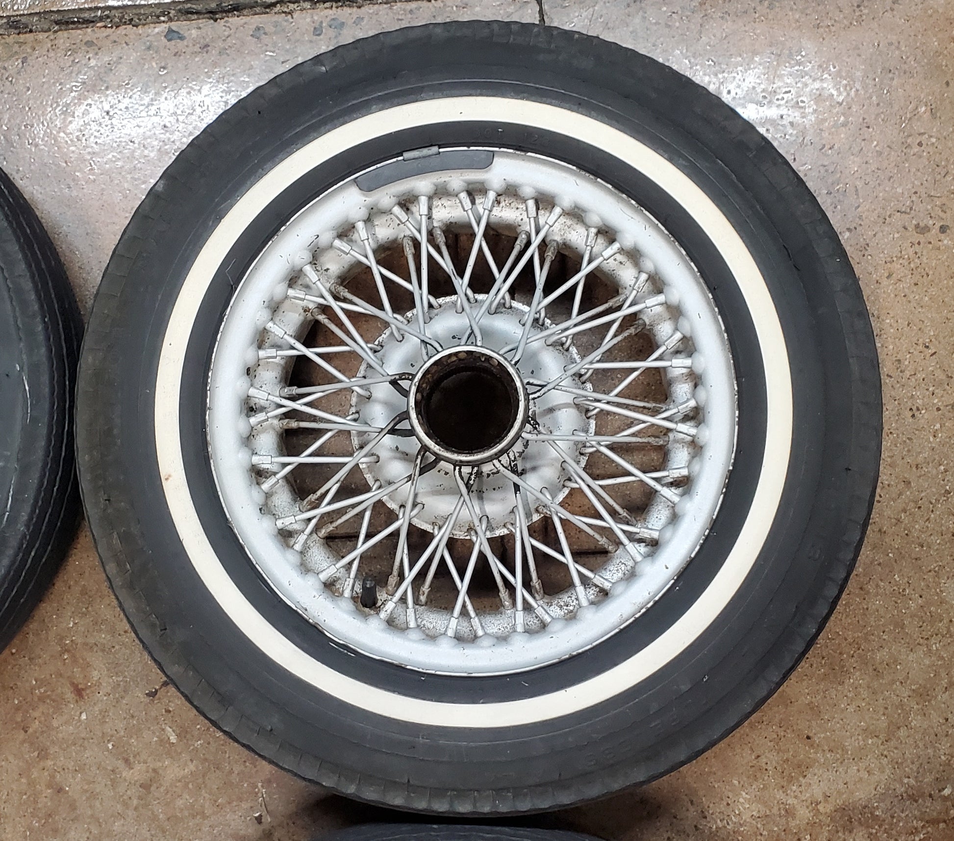 Used wire wheels with thin white stripe bias ply tires, used (set of four) - Bugeyeguys