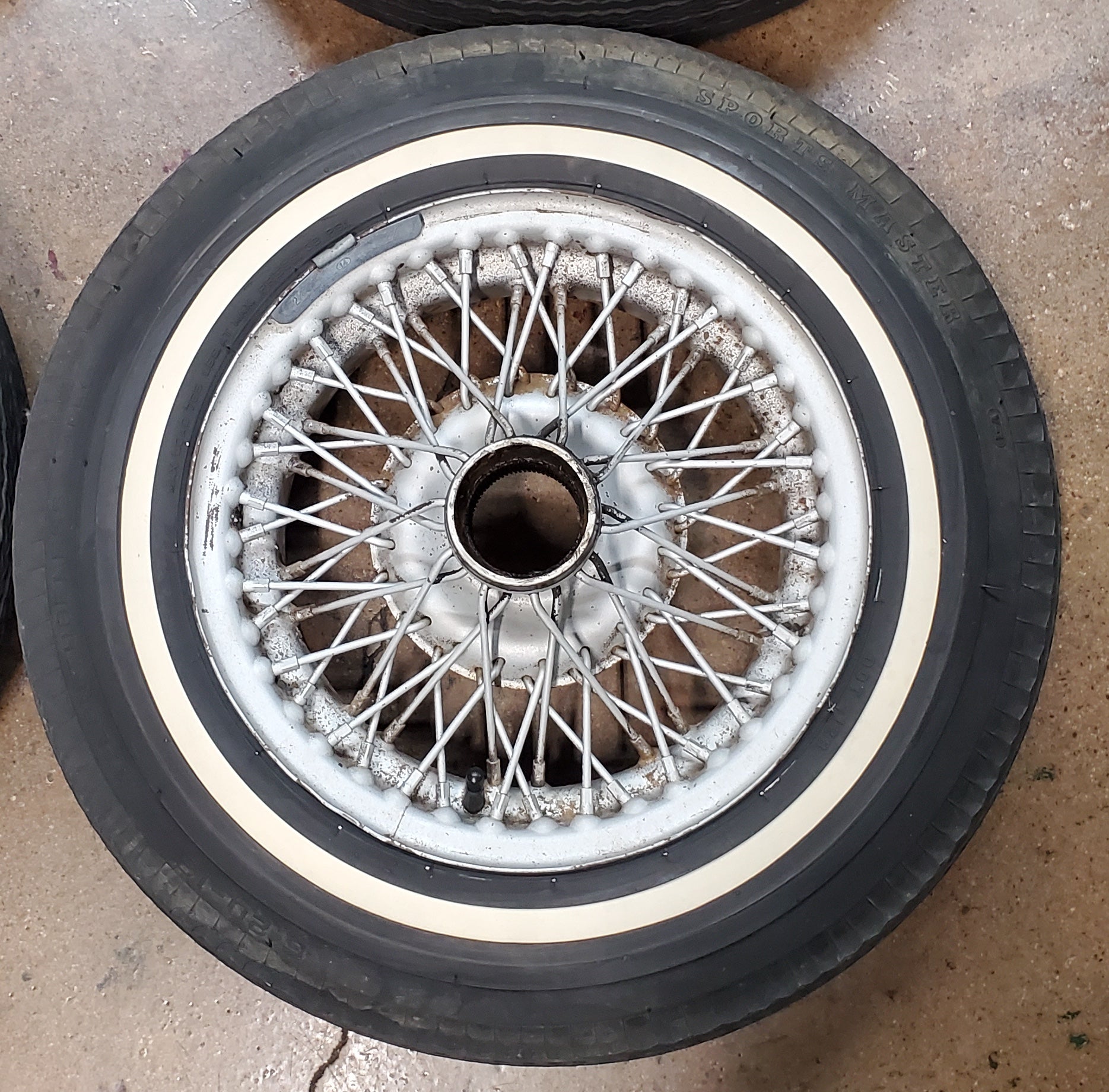 Used wire wheels with thin white stripe bias ply tires, used (set of four) - Bugeyeguys