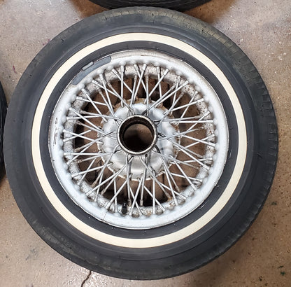 Used wire wheels with thin white stripe bias ply tires, used (set of four) - Bugeyeguys