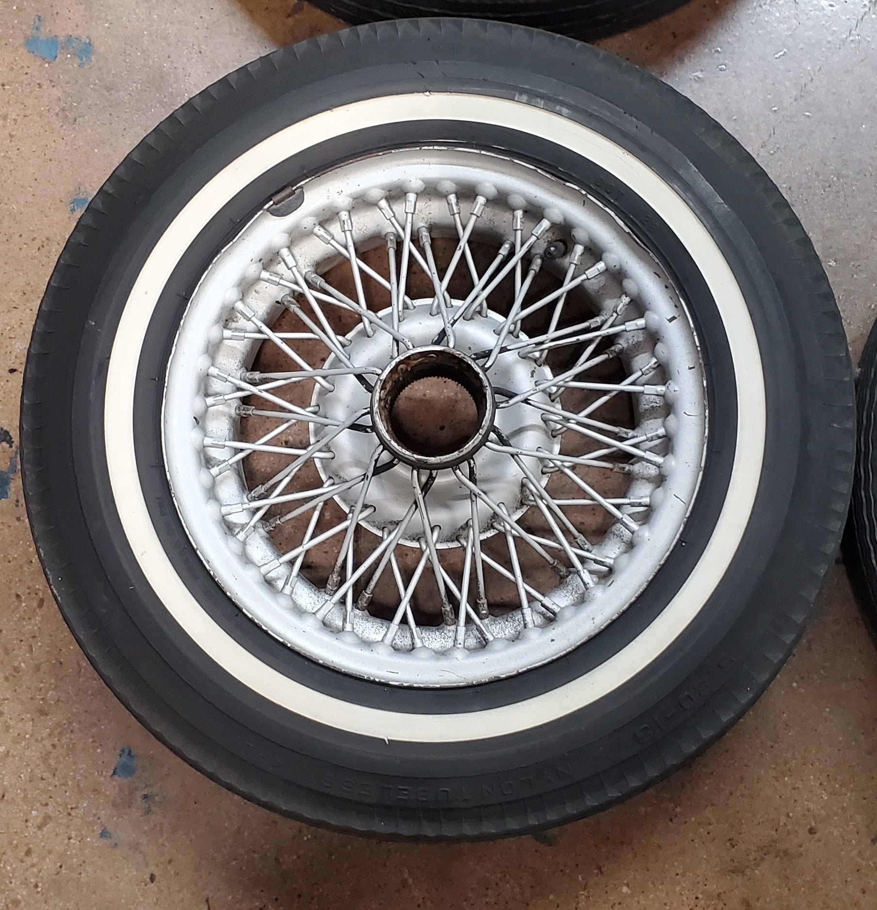 Used wire wheels with thin white stripe bias ply tires, used (set of four) - Bugeyeguys