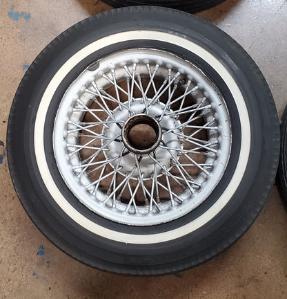 Used wire wheels with thin white stripe bias ply tires, used (set of four) - Bugeyeguys