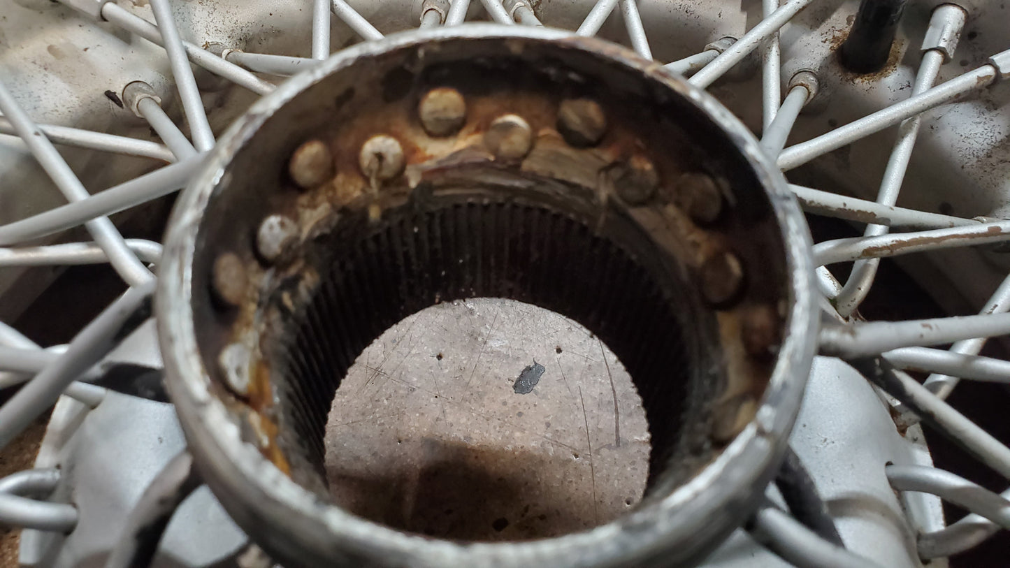 Used wire wheels with thin white stripe bias ply tires, used (set of four) - Bugeyeguys