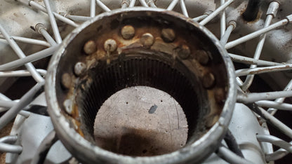 Used wire wheels with thin white stripe bias ply tires, used (set of four) - Bugeyeguys