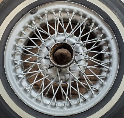 Used wire wheels with thin white stripe bias ply tires, used (set of four) - Bugeyeguys