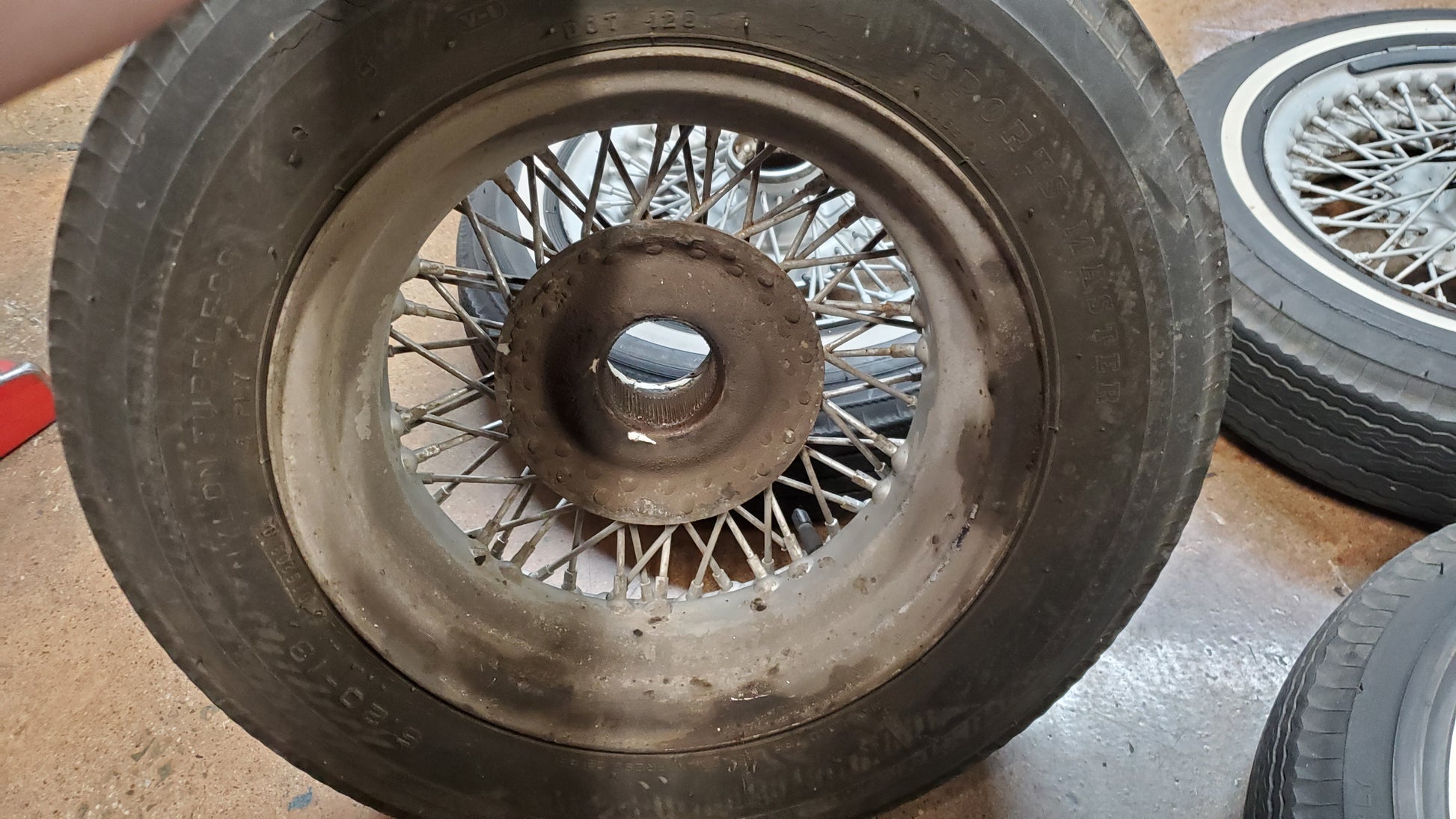 Used wire wheels with thin white stripe bias ply tires, used (set of four) - Bugeyeguys