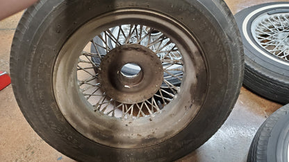 Used wire wheels with thin white stripe bias ply tires, used (set of four) - Bugeyeguys