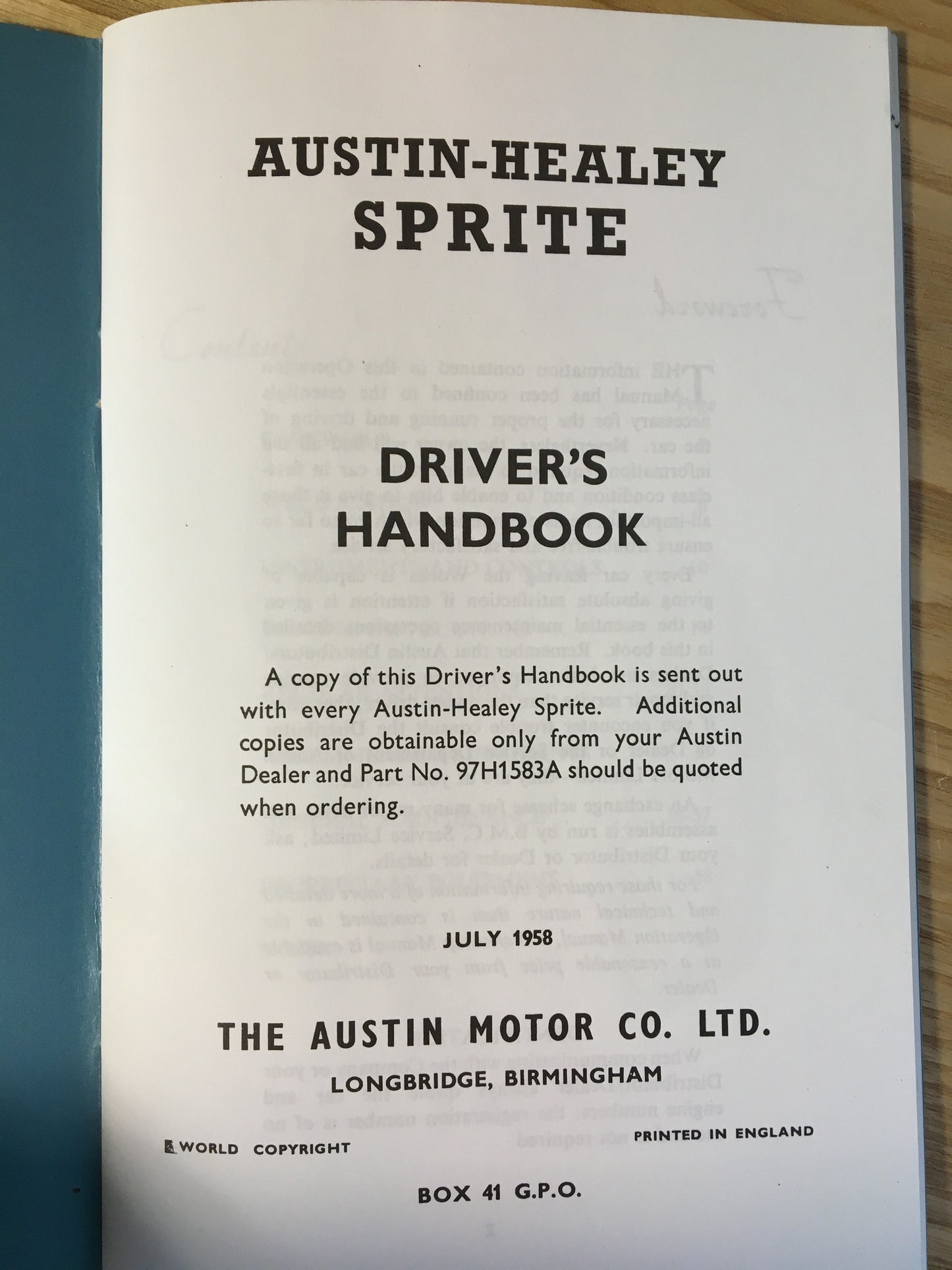 Austin Healey Sprite Reproduction of Original Owners Manual Books - Bugeye